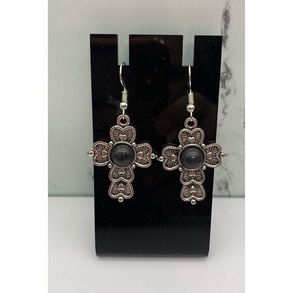 NWT Black Stone & Silver Tone Cross Pierced Earrings Boho Whimsygoth Southwest - Picture 2 of 4